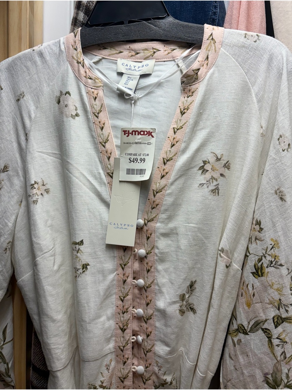 Calypso White Floral Long-Sleeve Dress with Pink Trim New with Tags